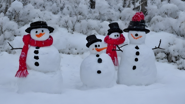 雪だるま3体の雪の上にある写真