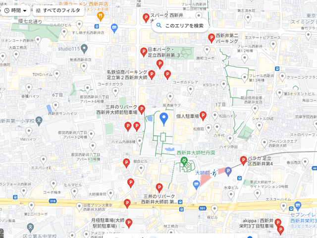 西新井大師を中央にした地図に駐車場マークが重なった画像